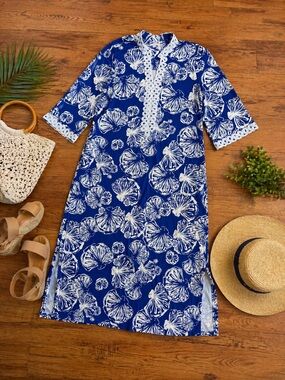Chico’s “Shell Story” Blue & White maxi dress - XL - Coastal Resort - Lace Trim